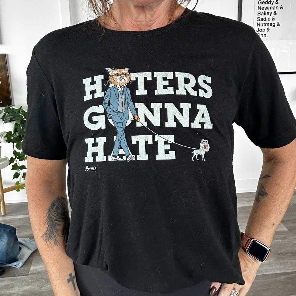Unisex Taylor Swift Inspired Tshirt, Cat Walking Dog, Haters Gonna Hate, Medium